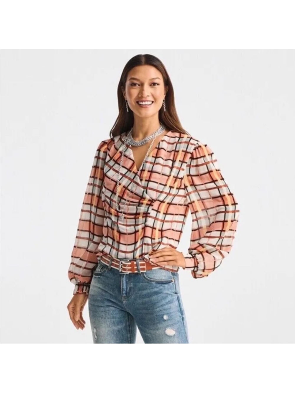 CAbi Whist Blouse Style 6295 Size Small Plaid Faux Wrap Top